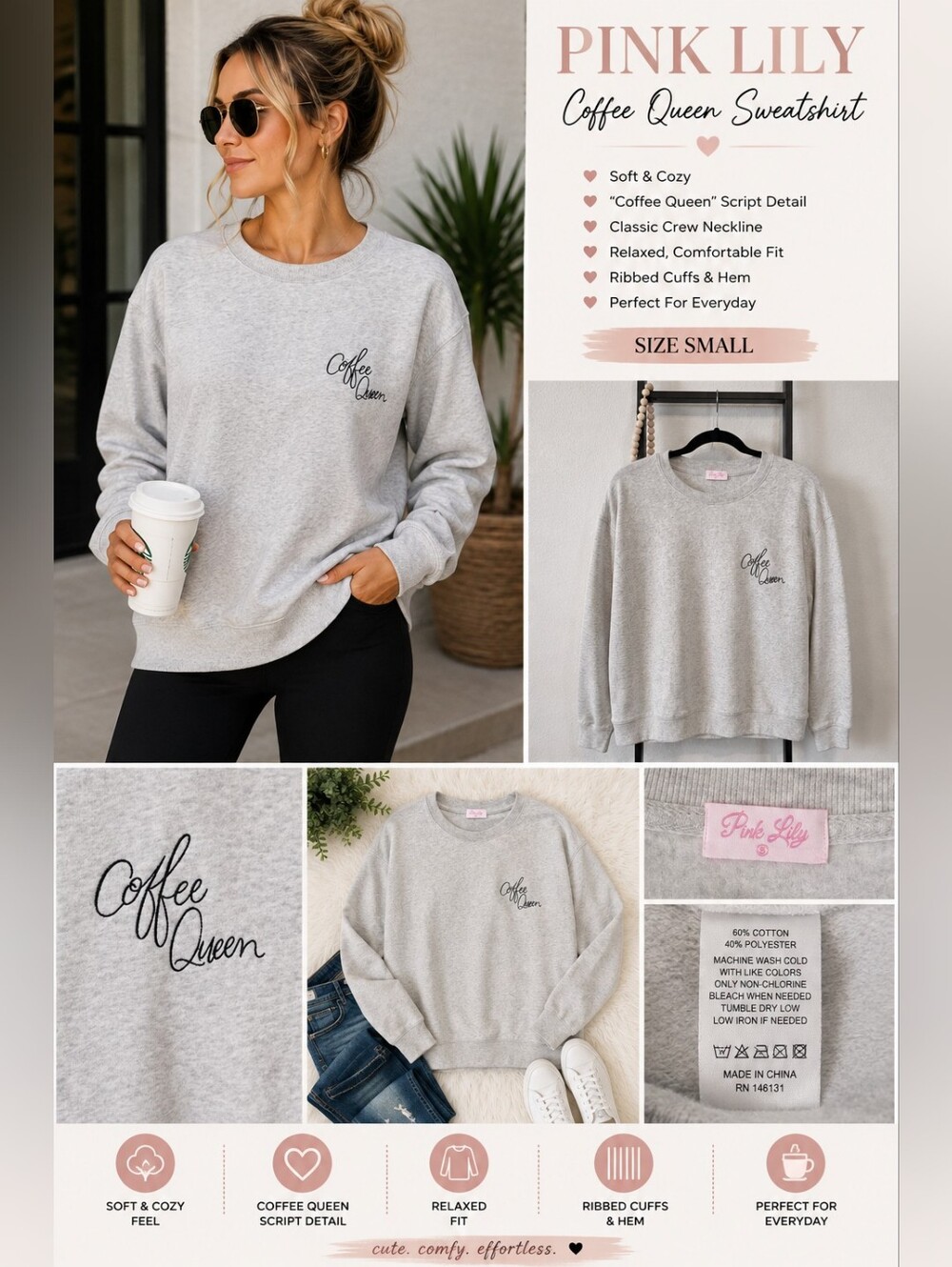 Pink Lily Coffee Queen Crewneck Sweatshirt – Size Small
